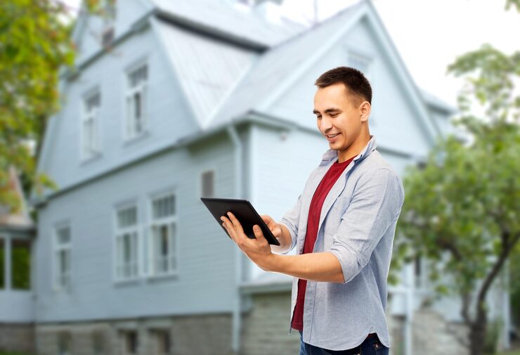 man with tablet outside house