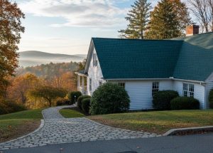 A side-angle view of a white residential home with a green roof during the fall season, with vibrant orange and yellow trees in the background. A long cobblestone driveway leads to the house, which is surrounded by green grass and manicured bushes. The scene illustrates the ideal weather conditions for a roof replacement project in the Hudson Valley.