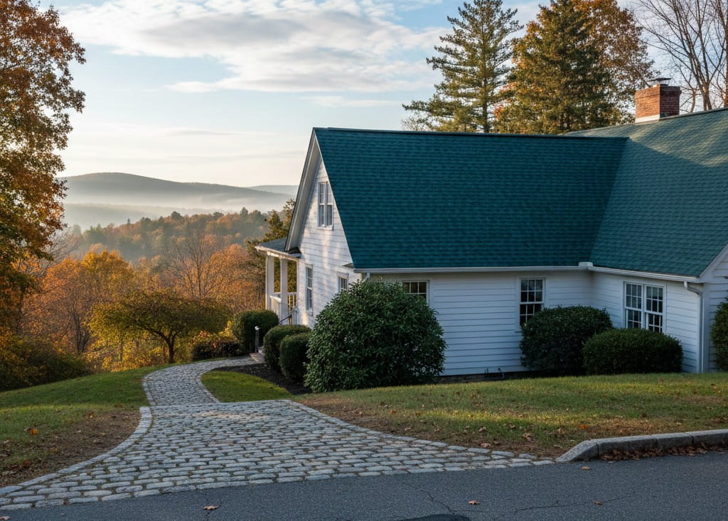 A side-angle view of a white residential home with a green roof during the fall season, with vibrant orange and yellow trees in the background. A long cobblestone driveway leads to the house, which is surrounded by green grass and manicured bushes. The scene illustrates the ideal weather conditions for a roof replacement project in the Hudson Valley.