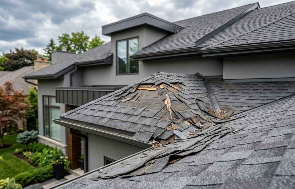 A gray house with a damaged shingle roof shows curled and broken tiles.