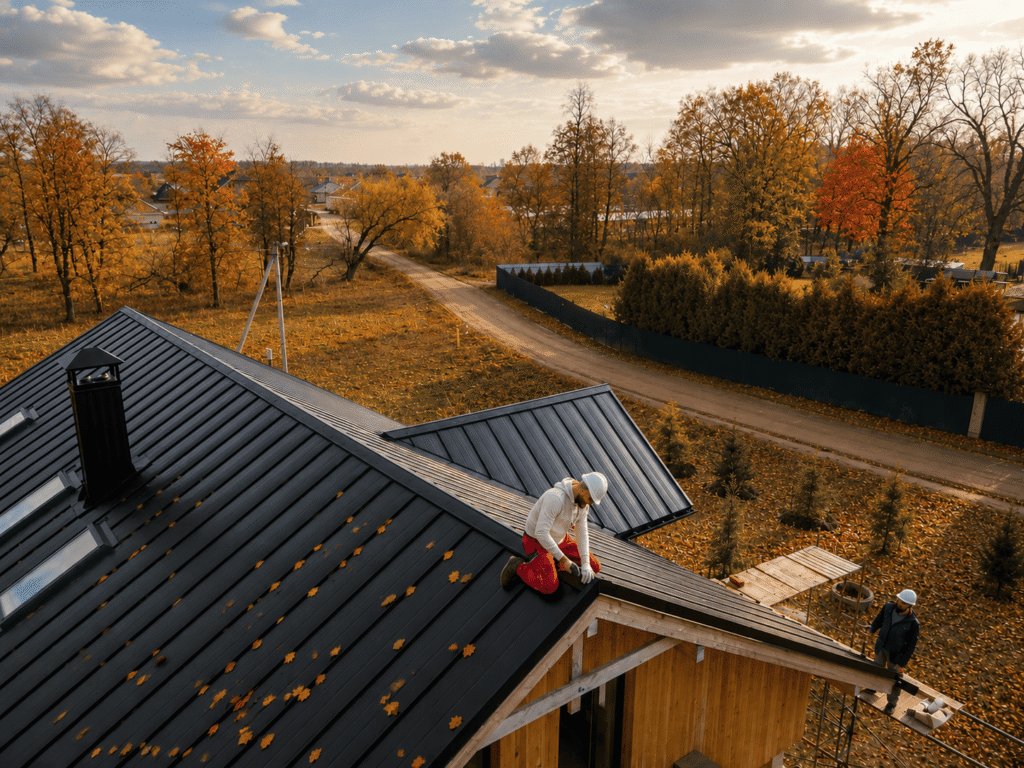 Metal roof installation on a home during the fall season.