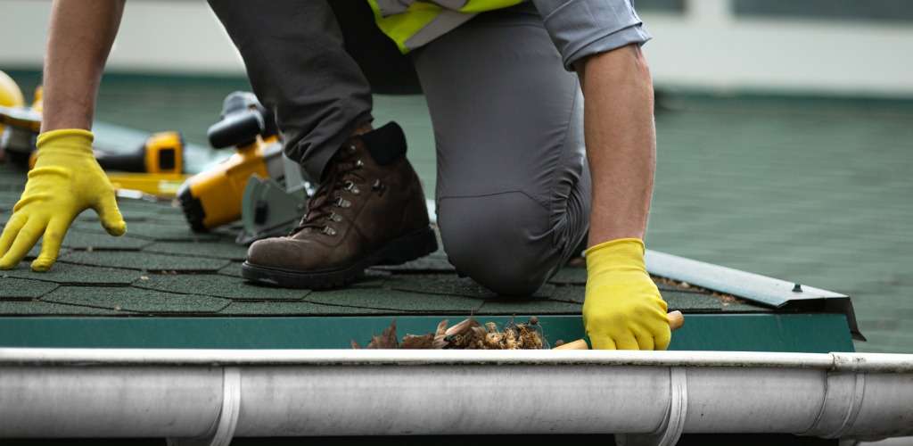 A worker kneeling on a shingled roof cleaning debris