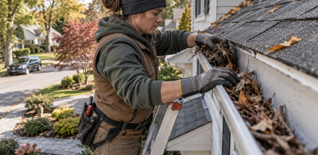 clearing out dry leaves and twigs from the aluminum gutters