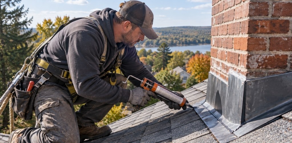 kneeling on a pitched asphalt shingle roof