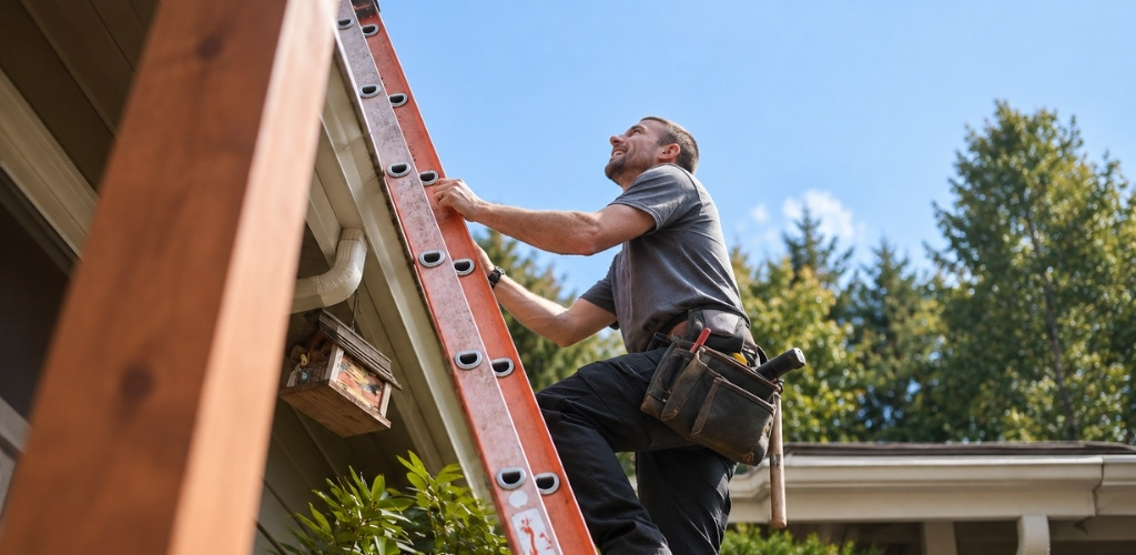 person climbing an orange extension ladder