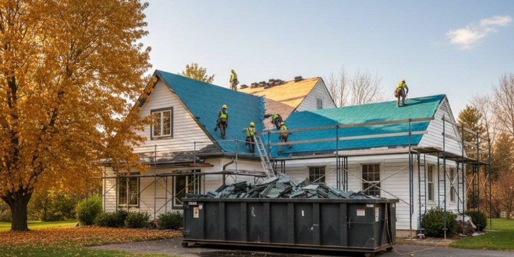 A white two-story residential home undergoing a full roof replacement during a clear fall day. Several professional roofers are on the roof and on a scaffolding system, installing bright teal-colored shingles. A large black disposal dumpster filled with old roofing materials is positioned in the driveway, and a large tree with vibrant yellow and orange leaves is visible in the foreground.