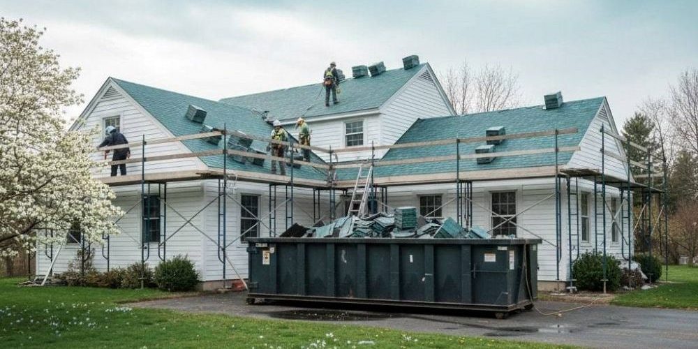 A two-story white residential home undergoing a full roof replacement during the spring season. Several professional roofers are on the roof and on a scaffolding system, removing old green shingles and preparing the surface for new materials. A large black disposal dumpster filled with roofing debris is positioned in the driveway, and a blossoming white dogwood tree and green lawn with small flowers are visible in the foreground.