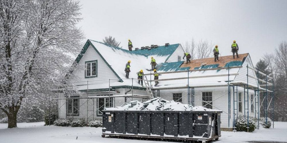 A wide-view infographic titled "Winter Roof Replacement in Wappingers Falls: Possible, But Not Always Ideal." The image shows a white residential home covered in deep snow during an active roof replacement. Several professional roofers in high-visibility gear are working on a partially shingled roof amid snowy conditions. A large black debris dumpster covered in snow sits in the foreground on a plowed driveway, surrounded by a winter landscape of snow-laden trees.