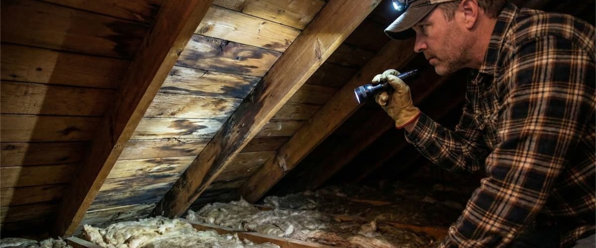 attic-roof-leak-inspection-flashlight-water-damage-insulation