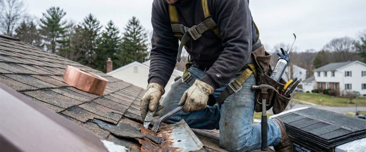 roofer-repairing-flashing-asphalt-shingles-harness-tools